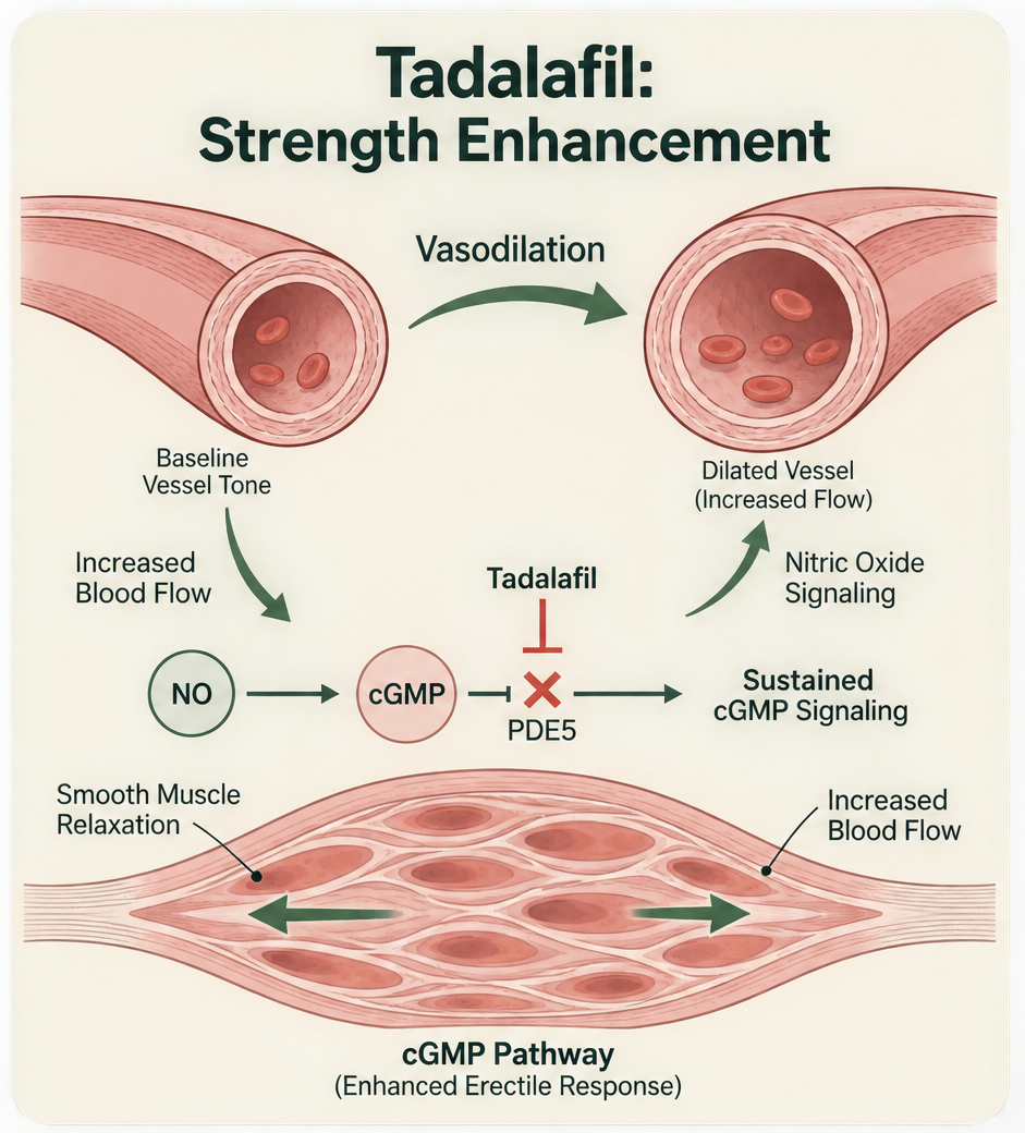 Diagram of how tadalafil works: vasodilation, nitric oxide signaling, sustained cGMP signaling and smooth muscle relaxation for increased blood flow