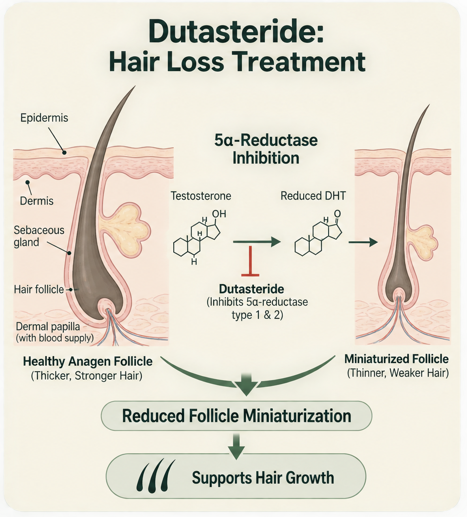 Diagram of how dutasteride works: inhibiting 5α-reductase blocks testosterone converting into DHT, reducing follicle miniaturization and supporting hair growth